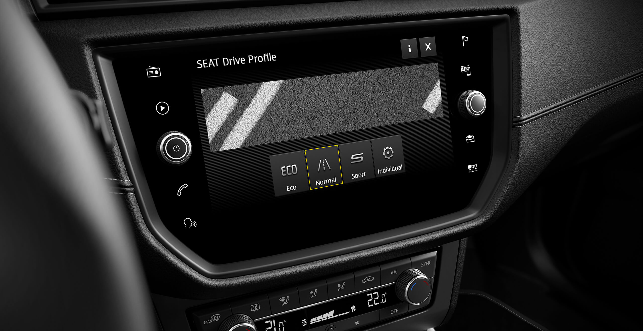 SEAT Arona drive profile technology. Showing console with Stiffer suspension, Sport, Eco options 