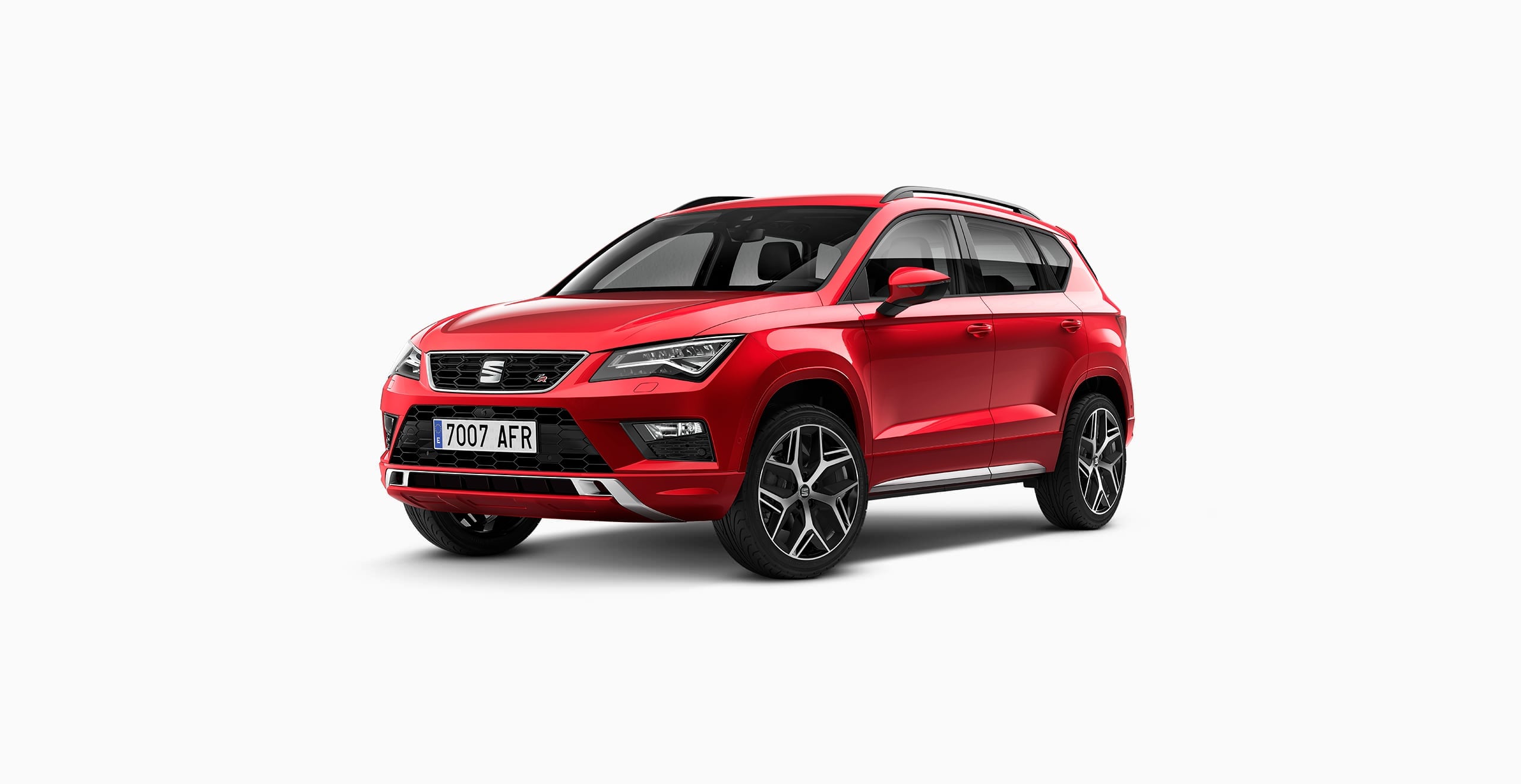 Showing a red velvet SEAT Ateca front rear image with showing side angle exterior lines